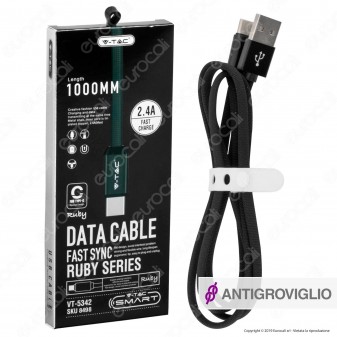 V-Tac VT-5342 Ruby Series USB Data Cable Type-C Cavo in Corda Colore Nero 1m - SKU 8498