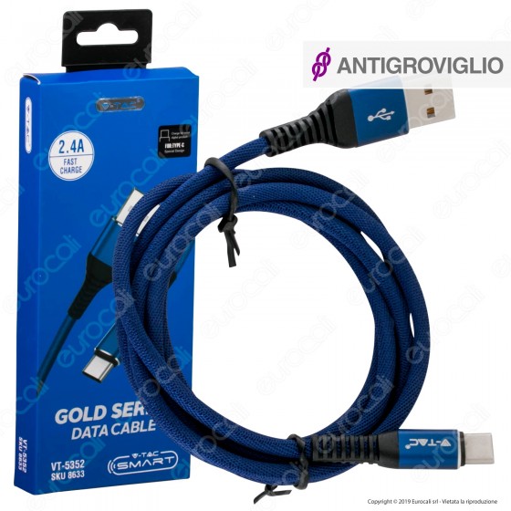 V-Tac VT-5352 Gold Series USB Data Cable Type-C Cavo in Corda Colore Blu 1m - SKU 8633 V-Tac VT-5352 Gold Series USB Data Cable Type-C Cavo in Corda Colore Blu 1m - SKU 8633