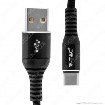 V-Tac VT-5352 Gold Series USB Data Cable Type-C Cavo in Corda Colore Nero 1m - SKU 8632