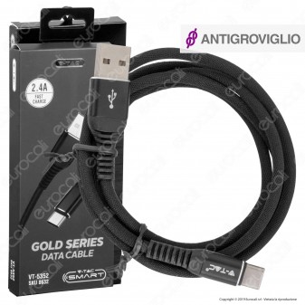 V-Tac VT-5352 Gold Series USB Data Cable Type-C Cavo in Corda Colore Nero 1m - SKU 8632