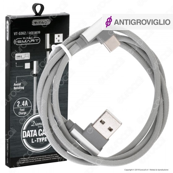 V-Tac VT-5362 Diamond Series USB Data Cable Type-C Cavo in Corda Colore Grigio con Connettori a L 1m - SKU 8639 V-Tac VT-5362 Diamond Series USB Data Cable Type-C Cavo in Corda Colore Grigio con Connettori a L 1m - SKU 8639
