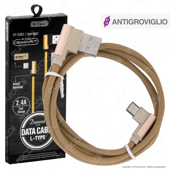 V-Tac VT-5361 Diamond Series USB Data Cable Micro USB Cavo in Corda Colore Oro con Connettori a L 1m - SKU 8637 V-Tac VT-5361 Diamond Series USB Data Cable Micro USB Cavo in Corda Colore Oro con Connettori a L 1m - SKU 8637