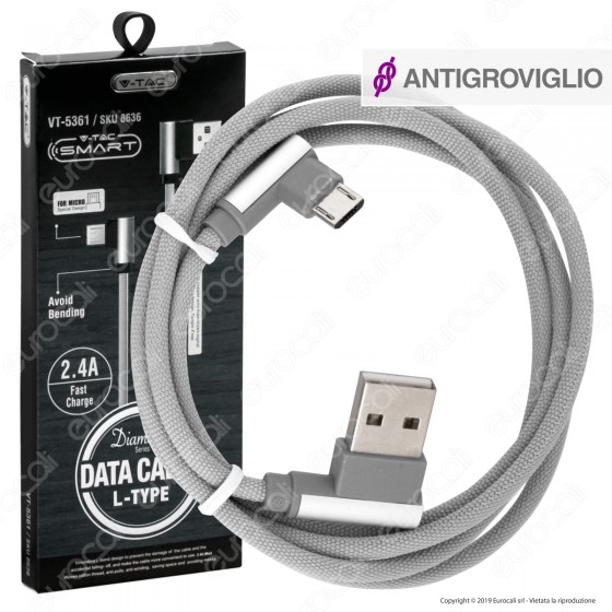 V-Tac VT-5361 Diamond Series USB Data Cable Micro USB Cavo in Corda Colore Grigio con Connettori a L 1m - SKU 8636 V-Tac VT-5361 Diamond Series USB Data Cable Micro USB Cavo in Corda Colore Grigio con Connettori a L 1m - SKU 8636