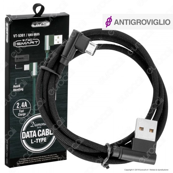 V-Tac VT-5361 Diamond Series USB Data Cable Micro USB Cavo in Corda Colore Nero con Connettori a L 1m - SKU 8635