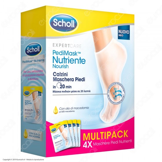 Scholl Pedimask Maschera Piedi Nutriente con Olio di Macadamia - Confezione con 4 Paia di Calzini Idratanti Scholl Pedimask Maschera Piedi Nutriente con Olio di Macadamia - Confezione con 4 Paia di Calzini Idratanti