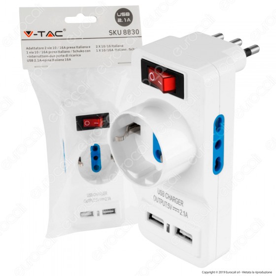 V-Tac Multipresa Adattatore Triplo Colore Bianco con Schuko 2 Porte USB