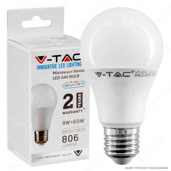 V-Tac VT-2219 Lampadina LED E27 9W Bulb A60 con Sensore di Movimento V-Tac VT-2219 Lampadina LED E27 9W Bulb A60 con Sensore di Movimento