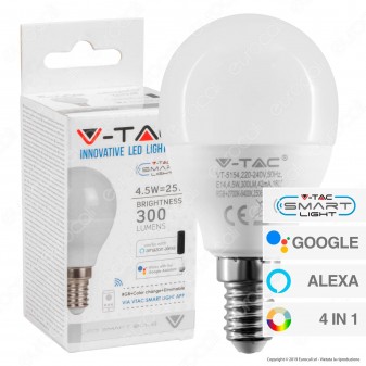 V-Tac Smart VT-5154 Lampadina LED Wi-Fi E14 4,5W MiniGlobo P45 RGB+W