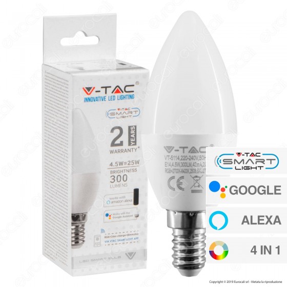 PACCO DA 3 V-TAC SMART VT-5114 LAMPADINA LED WI-FI E14 4,5W CANDELA RGB+W  4IN1 DIMMERABILE - SKU 2754