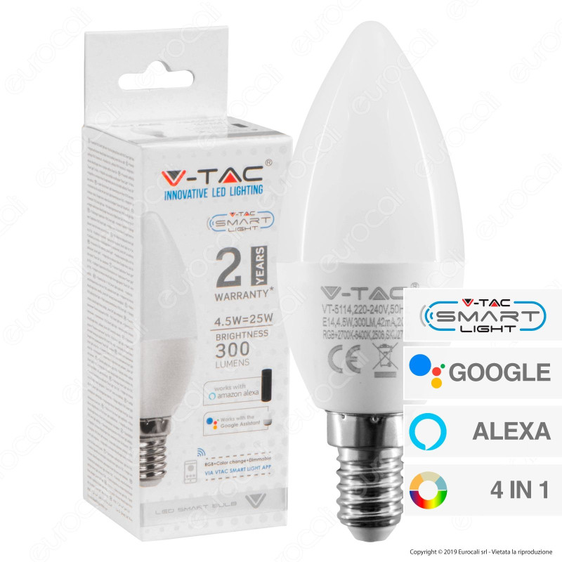 V-Tac Smart VT-5114 Lampadina LED Wi-Fi E14 4,5W Candela RGB+W