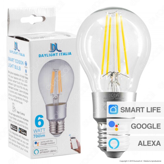 Daylight Lampadina LED Wi-Fi E27 6W Bulb A60 Filament Dimmerabile - mod. 552006.00A
