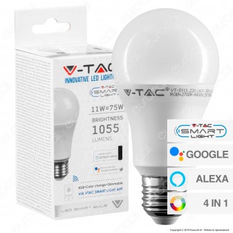 V-Tac Smart VT-5113 Lampadina LED Wi-Fi E27 11W Bulb A60 RGB+W 4in1