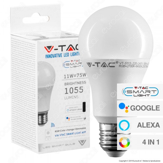 V-Tac Smart VT-5113 Lampadina LED Wi-Fi E27 11W Bulb A60 RGB+W 4in1 V-Tac Smart VT-5113 Lampadina LED Wi-Fi E27 11W Bulb A60 RGB+W 4in1
