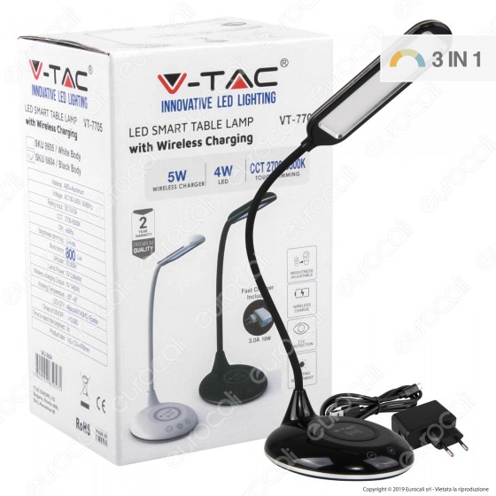 V-Tac VT-7705 Lampada da Tavolo LED 4W Multifunzione con Stazione di Ricarica Wireless Colore Nero - SKU 8604