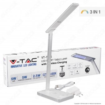 V-Tac VT-7505 Lampada da Tavolo LED 5W Multifunzione con Stazione di Ricarica Wireless Colore Bianco - SKU 8603