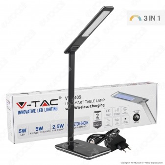 V-Tac VT-7405 Lampada da Tavolo LED 5W Multifunzione con Stazione di Ricarica Wireless Colore Nero - SKU 8600