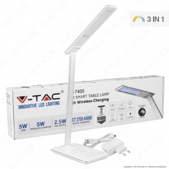 V-Tac VT-7405 Lampada da Tavolo LED 5W Multifunzione con Stazione di Ricarica Wireless Colore Bianco - SKU 8601