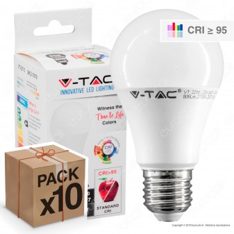 10 Lampadine LED V-Tac VT-2210 E27 10W Bulb A60 CRI ≥95 - Pack