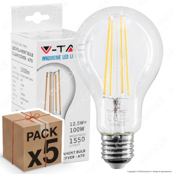 5 Lampadine LED V-Tac VT-2133 E27 12,5W Bulb A70 Filament - Pack 5 Lampadine LED V-Tac VT-2133 E27 12,5W Bulb A70 Filament - Pack
