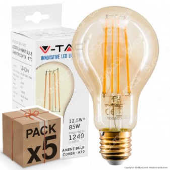 5 Lampadine LED V-Tac VT-2123 E27 12,5W Bulb A70 Filament Ambrate -