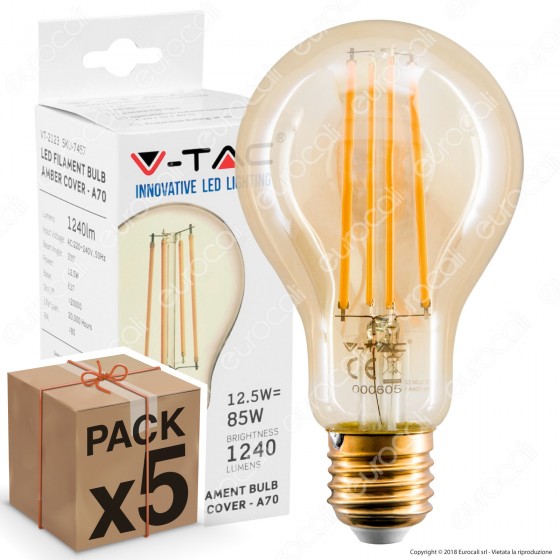 5 Lampadine LED V-Tac VT-2123 E27 12,5W Bulb A70 Filament Ambrate - 5 Lampadine LED V-Tac VT-2123 E27 12,5W Bulb A70 Filament Ambrate -