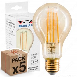 5 Lampadine LED V-Tac VT-2123 E27 12,5W Bulb A70 Filament Ambrate -