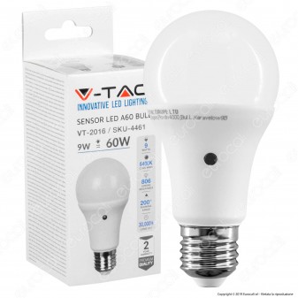 V-Tac VT-2016 Lampadina LED E27 9W Bulb A60 con Sensore Crepuscolare