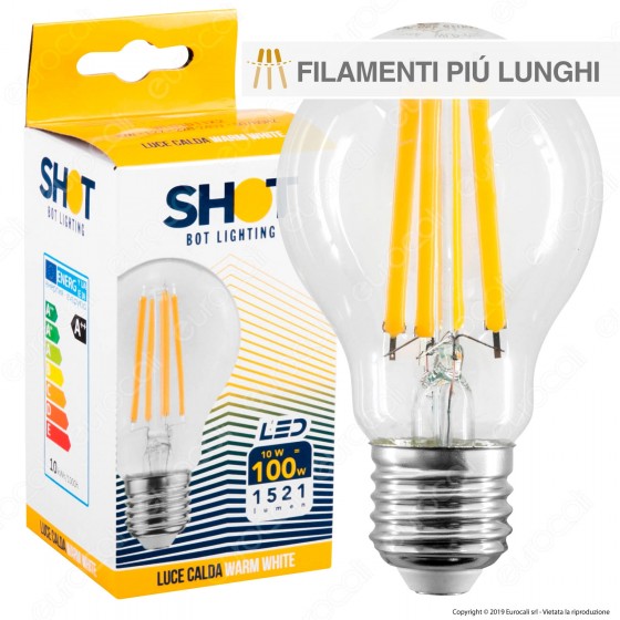 BOT LIGHTING SHOT LAMPADINA LED E27 10W BULB A60 FILAMENTO EXTRA-LUNGO -  MOD. WLD1011X2 / WLD1011X3 / WLD1011X1 