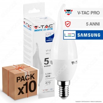 10 Lampadine LED V-Tac PRO VT-258 E14 5,5W Candela Fiamma Chip