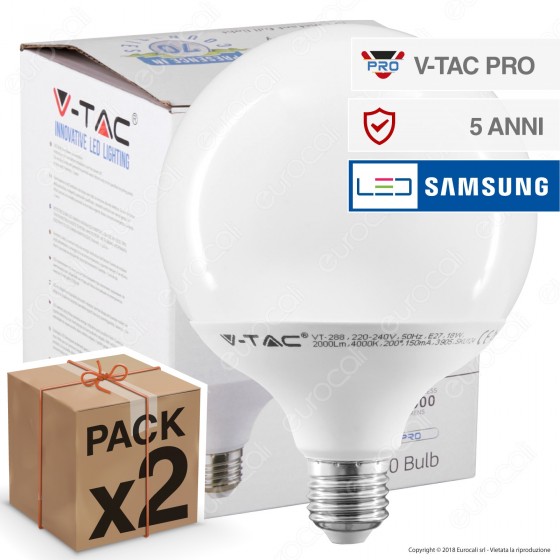 2 Lampadine LED V-Tac PRO VT-288 E27 18W Globo G120 Chip Samsung - Pack Risparmio 2 Lampadine LED V-Tac PRO VT-288 E27 18W Globo G120 Chip Samsung - Pack Risparmio