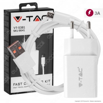 V-Tac VT-5381 Caricabatteria USB da Viaggio con Ricarica Rapida 3A e