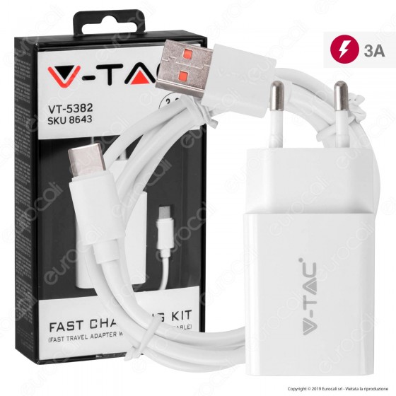 V-Tac VT-5382 Caricabatteria USB da Viaggio con Ricarica Rapida 3A e V-Tac VT-5382 Caricabatteria USB da Viaggio con Ricarica Rapida 3A e