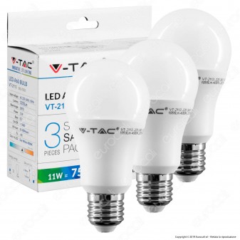 V-Tac VT-2113 Super Saver Pack Confezione 3 Lampadine LED E27 11W Bulb A60 - SKU 7352 / 7353 / 7354