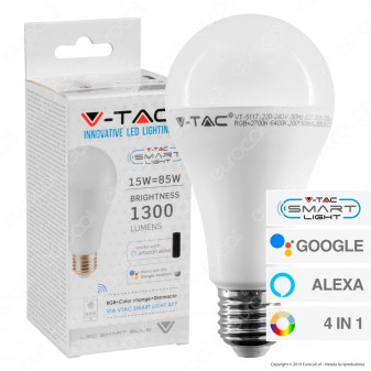 V-Tac Smart VT-5117 Lampadina LED Wi-Fi E27 15W Bulb A65 RGB+W 4in1 Dimmerabile - SKU 2753