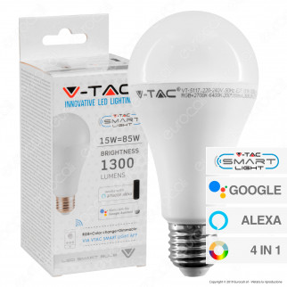 V-Tac Smart VT-5117 Lampadina LED Wi-Fi E27 15W Bulb A65 RGB+W 4in1 Dimmerabile - SKU 2753
