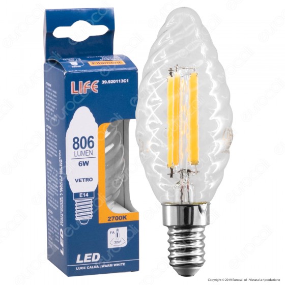 Life Lampadina LED Filamento E14 6W Candela Twist in Vetro Trasparente - mod. 39.920113C1 / 39.920113N