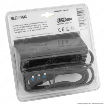 Ecova Multipresa da Tavolo 2 Posti Schuko e 10/16A con Porta USB e