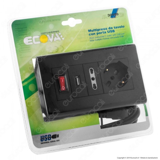 Ecova Multipresa da Tavolo 2 Posti Schuko e 10/16A con Porta USB e Ecova Multipresa da Tavolo 2 Posti Schuko e 10/16A con Porta USB e