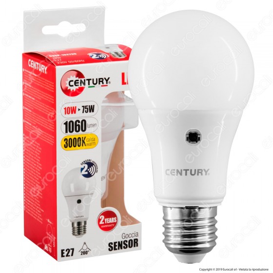 Century LED Sensor Lampadina Led E27 10W Bulb A60 con Sensore Crepuscolare - mod. G3SP-102730 / G3SP-102740 / G3SP-102764 