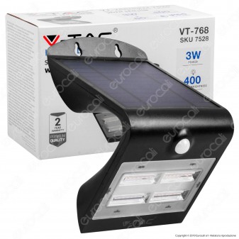 V-Tac VT-768 Lampada da Muro LED 3W con Pannello Solare e Sensore
