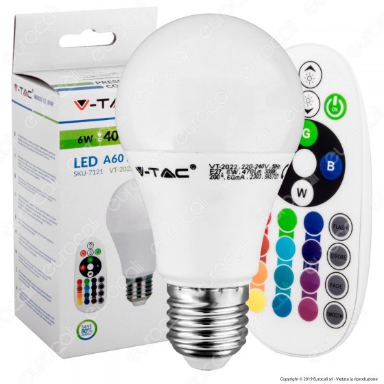 V-Tac VT-2022 Lampadina LED E27 6W Bulb A60 RGB+W con Telecomando - SKU 7121 / 7150 / 7151