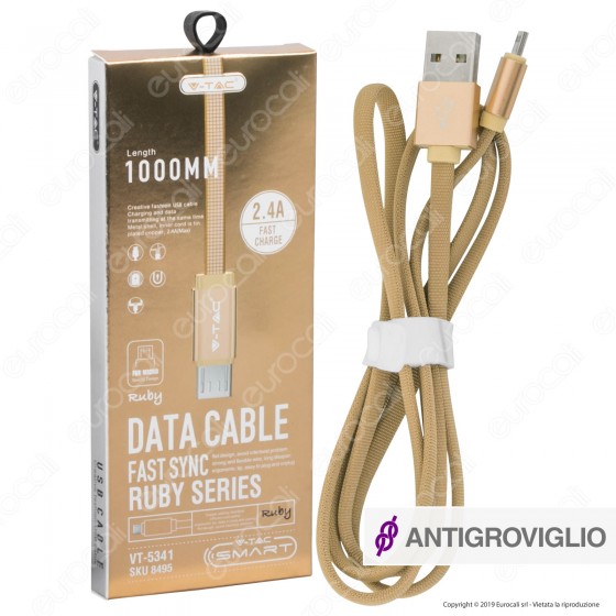 V-Tac VT-5341 Ruby Series USB Data Cable Micro USB Cavo in Corda Colore Oro 1m - SKU 8495 V-Tac VT-5341 Ruby Series USB Data Cable Micro USB Cavo in Corda Colore Oro 1m - SKU 8495
