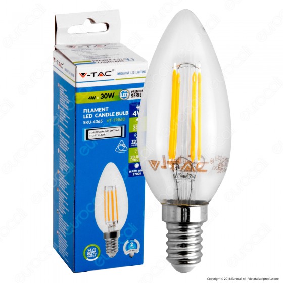 V-Tac VT-1986D Lampadina LED E14 4W Candela Filamento Dimmerabile - V-Tac VT-1986D Lampadina LED E14 4W Candela Filamento Dimmerabile -