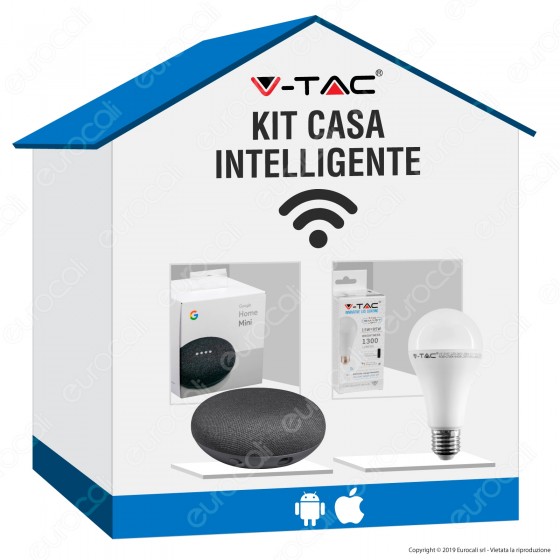 Kit Casa Intelligente con Google Home Mini e Lampadina E27 V-Tac Smart 15W RGB+W 4in1 Dimmerabile Kit Casa Intelligente con Google Home Mini e Lampadina E27 V-Tac Smart 15W RGB+W 4in1 Dimmerabile