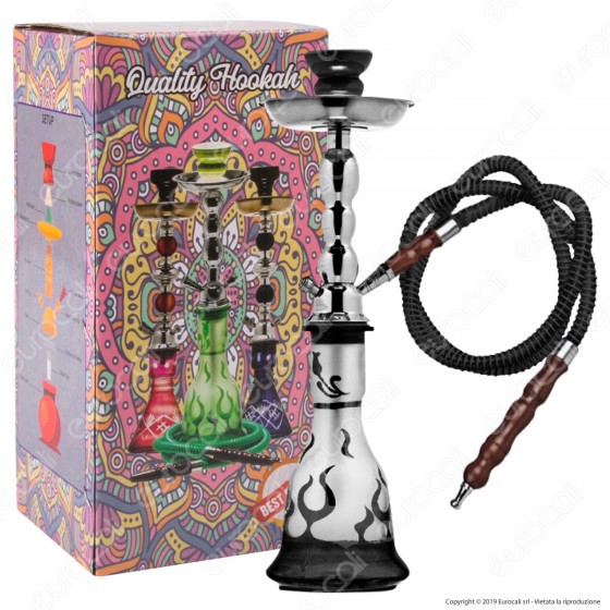 Narghilè in Vetro Lavorato Colore Nero Decorato con Fiamme con 1 Hose Narghilè in Vetro Lavorato Colore Nero Decorato con Fiamme con 1 Hose