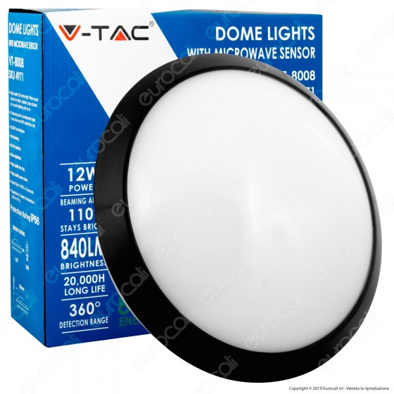 V-Tac VT-8008 Plafoniera LED 12W con Sensore di Movimento a Microonde Colore Nero - SKU 4981 / 4971 / 4980