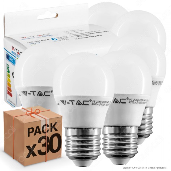 30 Lampadine LED V-Tac VT-2256 Super Saver Pack E27 5,5W MiniGlobo G45 - Pack Risparmio 30 Lampadine LED V-Tac VT-2256 Super Saver Pack E27 5,5W MiniGlobo G45 - Pack Risparmio