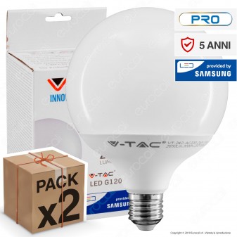 2 Lampadine LED V-Tac PRO VT-242 E27 22W Globo G120 Chip Samsung -