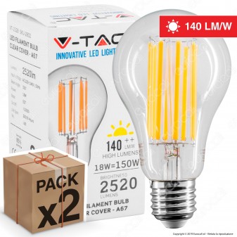 2 Lampadine LED V-Tac VT-2328 E27 18W Bulb A67 Filament - Pack