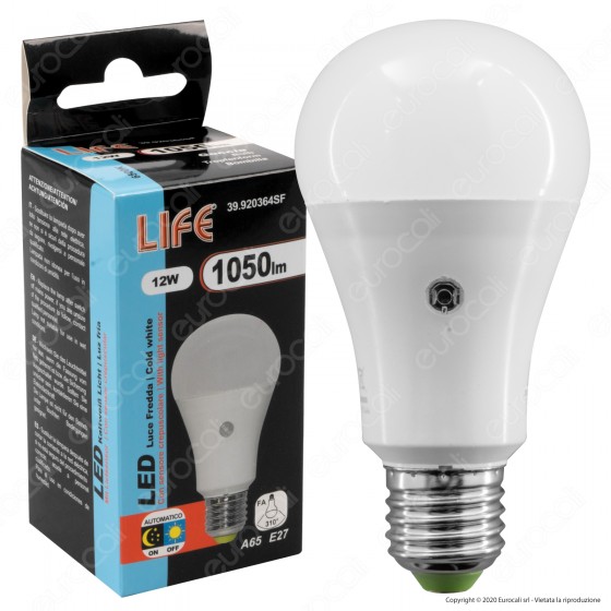 Lampadina LED E27 12W Bulb A65 con Sensore Crepuscolare Life